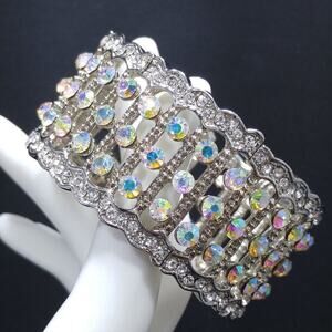 Aurora Borealis Rhinestone Cuff Bracelet, Silver Tone Stretch Metal Wide, 6 1/2"